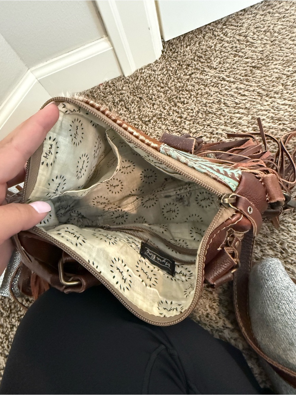 Myra Bag Brown & Turquoise Fringe Cowhide Crossbody Satchel - Picture 3 of 3